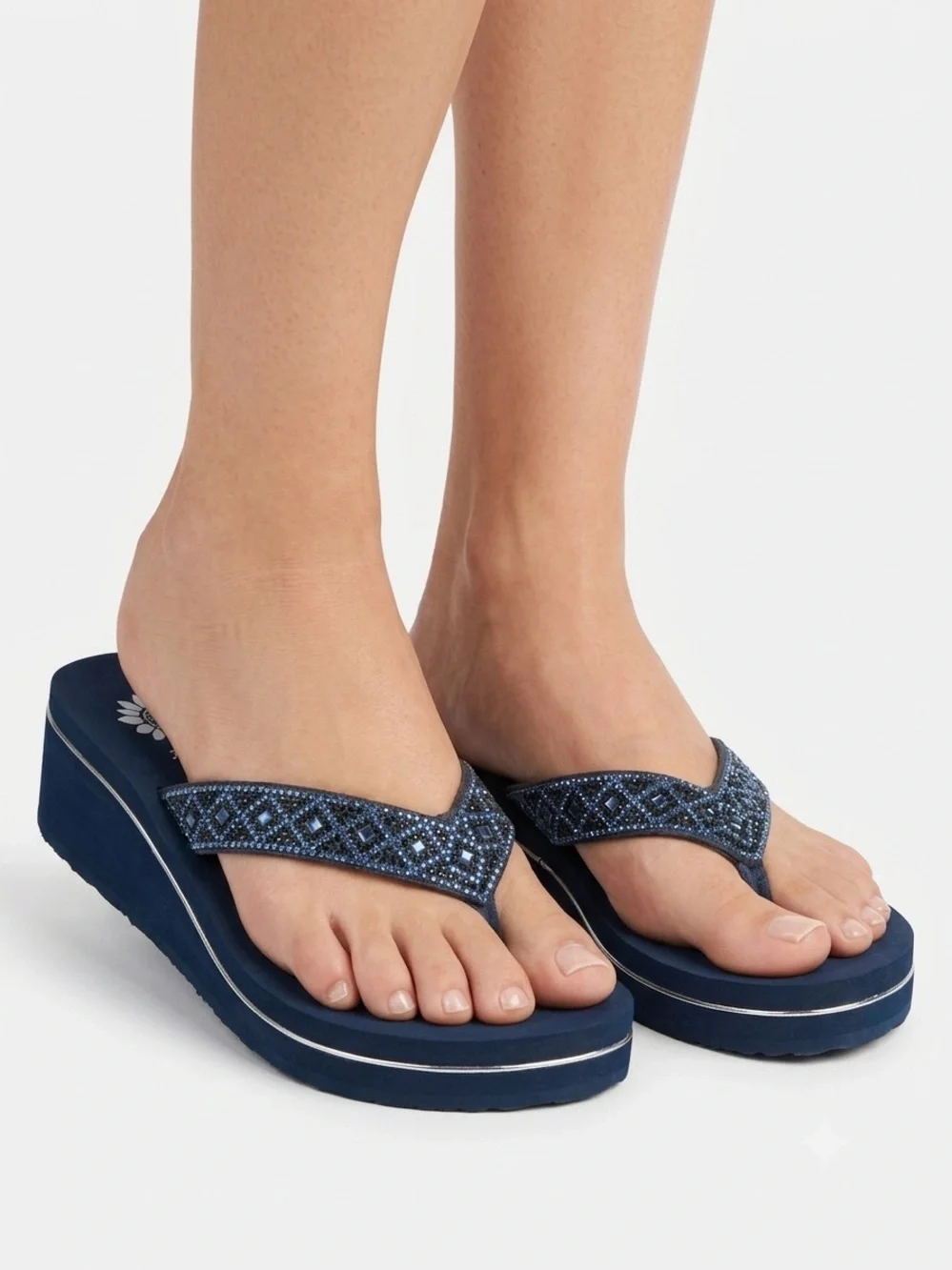 Yellow Box Achillas Navy Blue Rhinestone Wedge Platform Sandals Sz 7.5 - Picture 1 of 14